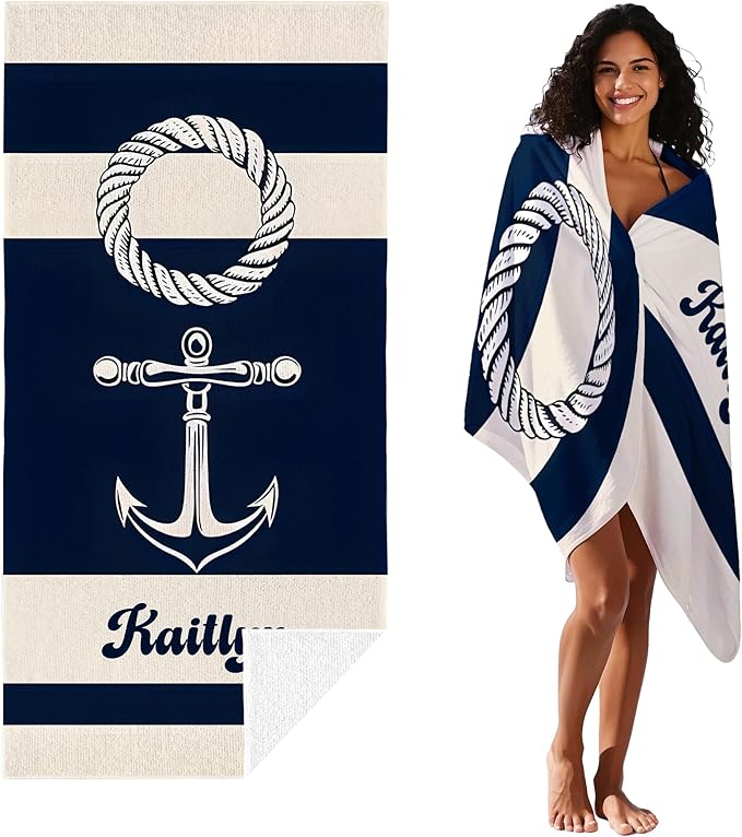 JML Personalized Beach Towel with Name, Custom Anchor Beach Towel, Customized Microfiber Pool Towel, Quick Dry & Absorbent Swim Towel for Adult,Mother's Day, Birthday, Summer Holiday,Vacation-StrideForce Fitness