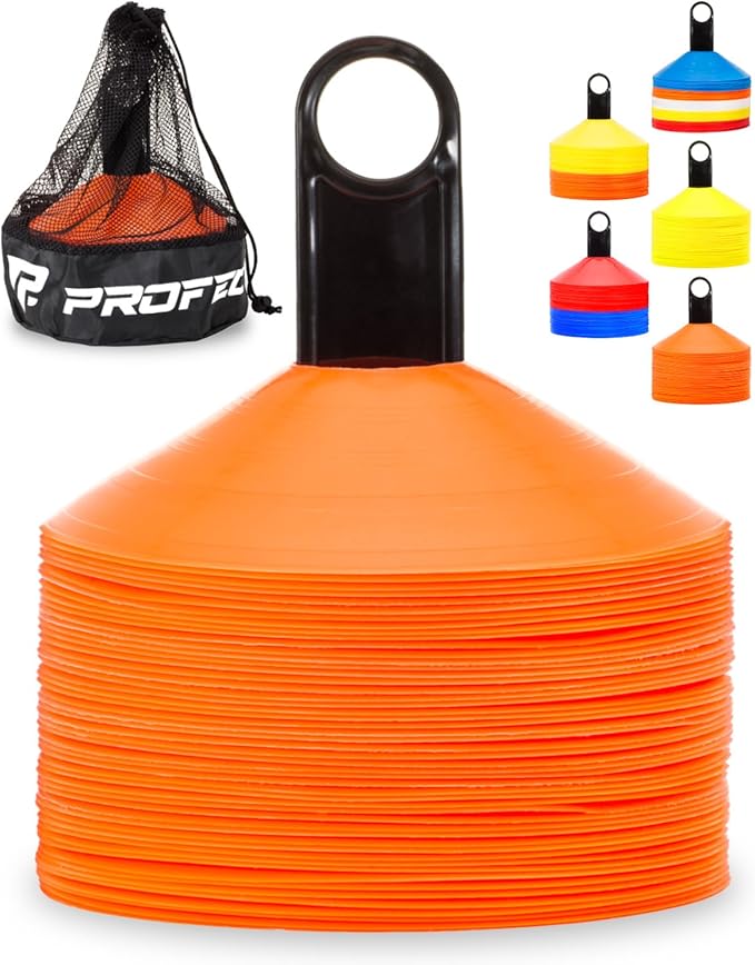 Pro Disc Cones (Set of 50) - Agility Soccer Cones with Carry Bag and Holder for Sports Training, Football, Basketball, Coaching, Practice Equipment, Kids - Includes 15 Best Cone Drills Book-StrideForce Fitness