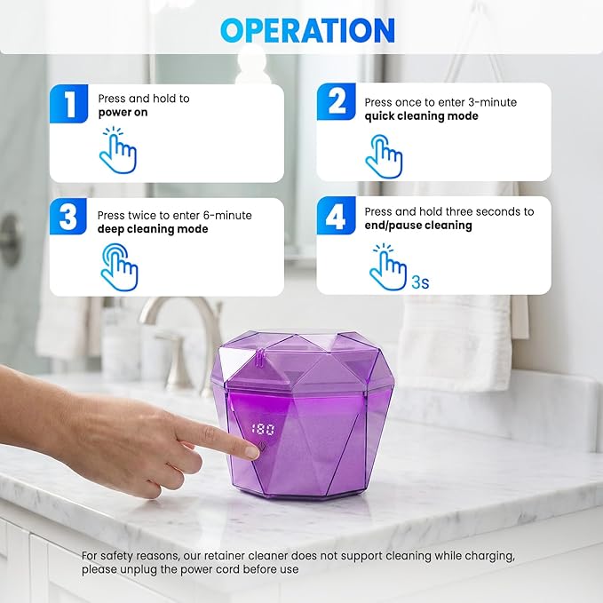 Rechargeable Ultrasonic Cleaner with 2*2000mAh Battery, 18±3W Denture Cleaner Machine| 43±5KHz Sonic, Digital Timer, U-V-C Light, Dental Retainer Cleaning Pod for Invisalign Mouthguard Braces Jewelry