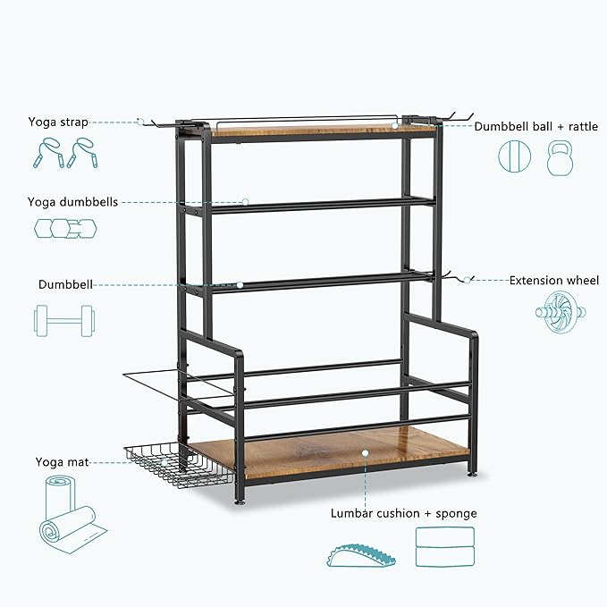Gym Home Equipment Weight Rack – 3‑Tier Workout Storage Stand for Dumbbells & Kettlebells, Medicine Ball Holder, 460 lb Steel Organizer with Yoga Mat Basket, Hooks, Adjustable Feet, 24 x 16 in-StrideForce Fitness