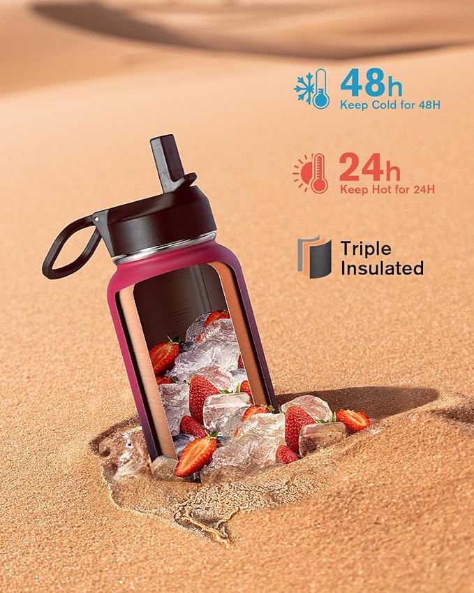 Water Bottle 40 oz Insulated with Straw&Brush, Coolflask Vaccum Stainless Steel Metal 3 Lids Water Flask for Sports, Gym or Office, Keep Cold 48H Hot 24H, Ombre Wine/Navy-StrideForce Fitness