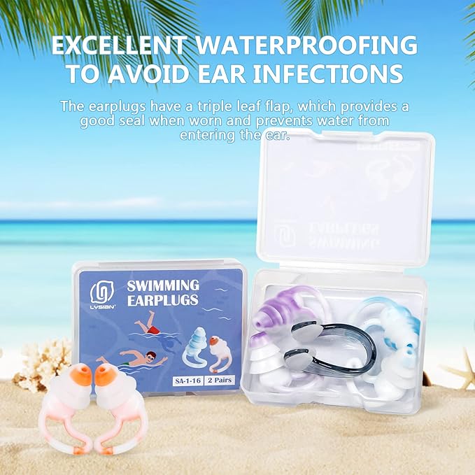 Reusable Swimming Ear Plugs with Nose Clips -2 Pairs Silicone Swimmers Ear Plugs for Adult Water Surfing, Snorkeling, Sleeping and Shower-StrideForce Fitness