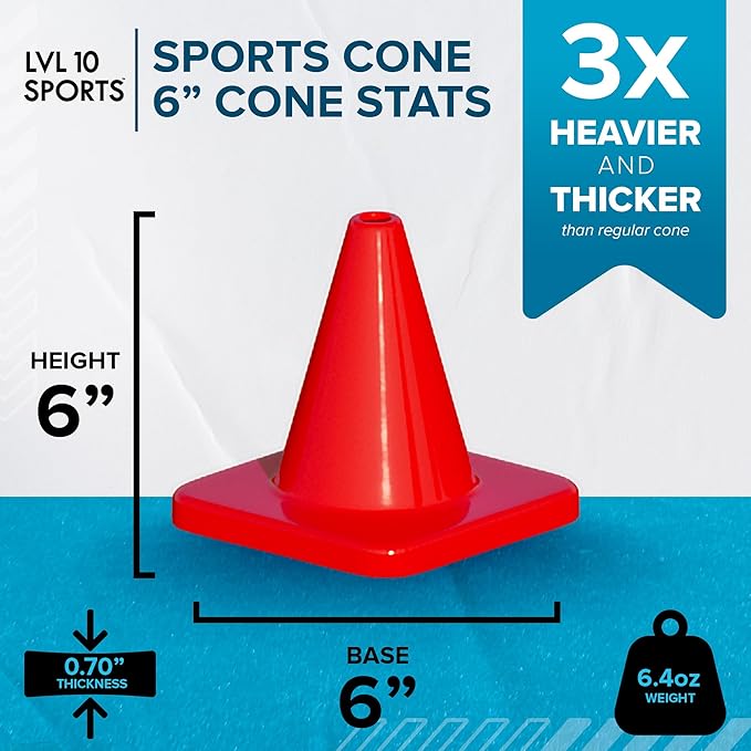 LVL10 Pro Training Cones - 6" Soccer Training Cones for Sports - for Basketball, Football, Basketball and Agility Drills - Soccer Field Markers That Won't Crack, Slide or Fly-StrideForce Fitness