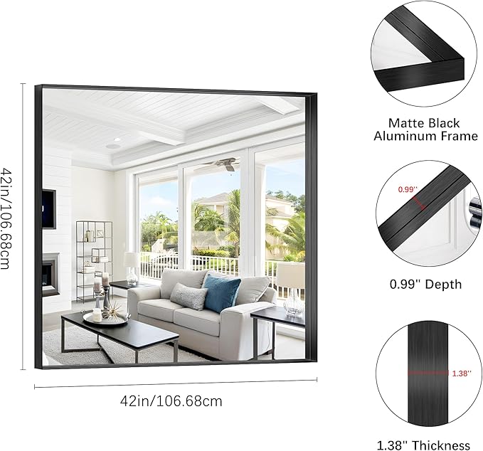Black Bathroom Mirror, 42x42 Inch Rectangular Framed Mirror, Large Wall Mounted Bathroom Vanity Mirror Over Sink for Bedroom,Restroom, Living Room, Hangs Vertically or Horizontally-StrideForce Fitness