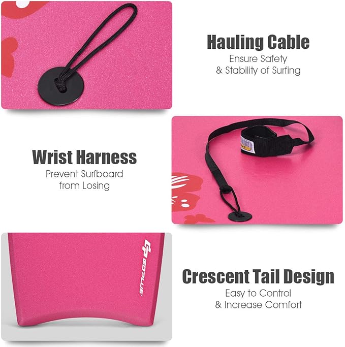 Goplus 41''/37''/33'' Lightweight Body Board for Beach, Surf Board with EPS Core, XPE Deck, HDPE Slick Bottom, Wrist Leash, Bodyboard for Kids Adults Surfing-StrideForce Fitness