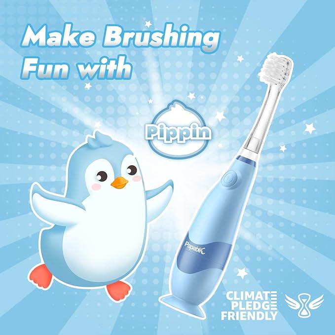 Papablic Toddler Sonic Electric Kids Toothbrush for Ages 1-3 Years, Baby Electric Toothbrush with Cute Penguin Cover and Smart LED Timer, 2 Brush Heads (Pippin)