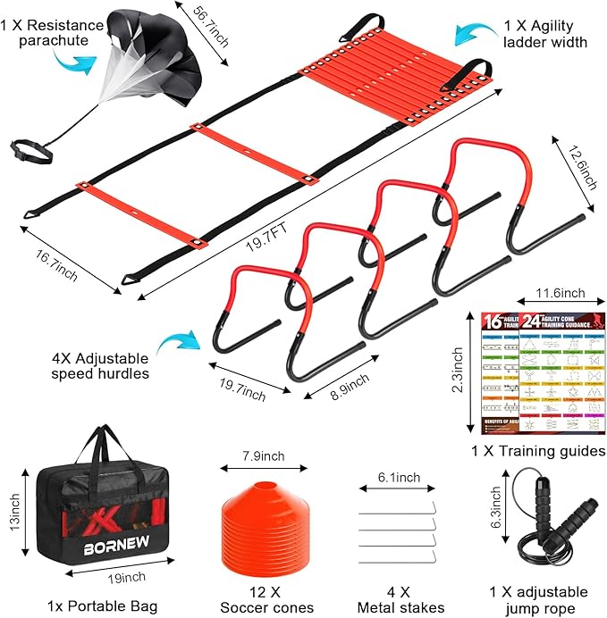 Soccer Training Equipment, Agility Speed Training Set with 20ft Speed Ladder, 12 Cones, 4 Adjustable Hurdles, Jump Rope, Parachute | Ideal for Basketball, Football Practise, for Kids, Youth, Adults-StrideForce Fitness