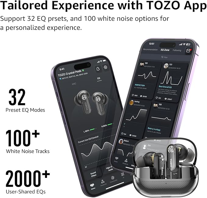 TOZO Crystal Pods Hybrid Active Noise Cancelling Wireless Earbuds, 10mm Drivers Deep Bass Stereo Sound, 4 Mics Smart ENC AI Calls, 32 EQ via App, Bluetooth 5.4 Headphones, Crystal Case Design-StrideForce Fitness