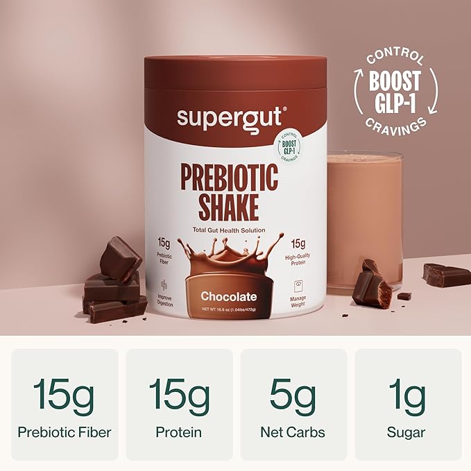 Supergut GLP-1 Boosting Prebiotic Shakes, Chocolate – Gut Healthy Meal Replacement with 15g Fiber, 15g Protein & 5g Net Carbs - Keto Friendly - 8 Servings-StrideForce Fitness