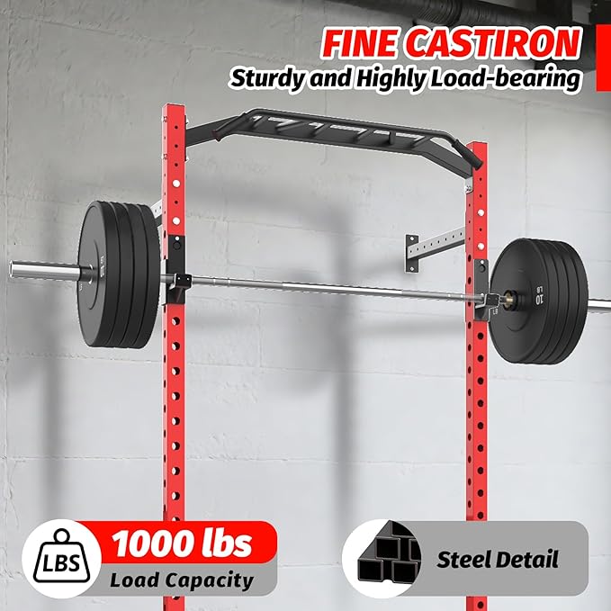 1600LB Wall Mounted Power Rack, Commercial Squat Rack for Home Gym with Multi-Grip Pull Up Bar, j-Cups & Landmine Attachment for Home and Garage Gym-StrideForce Fitness