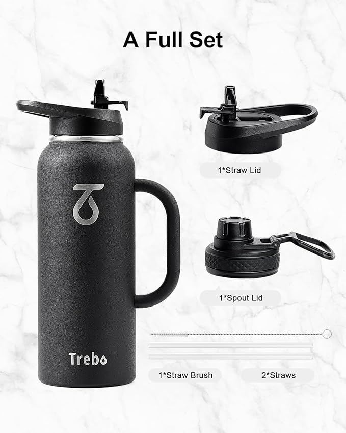 Trebo 40oz Water Bottle Insulated with Handle, Stainless Steel Metal Large Jug,Travel Flask with Straw Spout Lid,Mug Tumbler Cup with Carry Pouch,Keep Cold Hot, Indigo Black-StrideForce Fitness