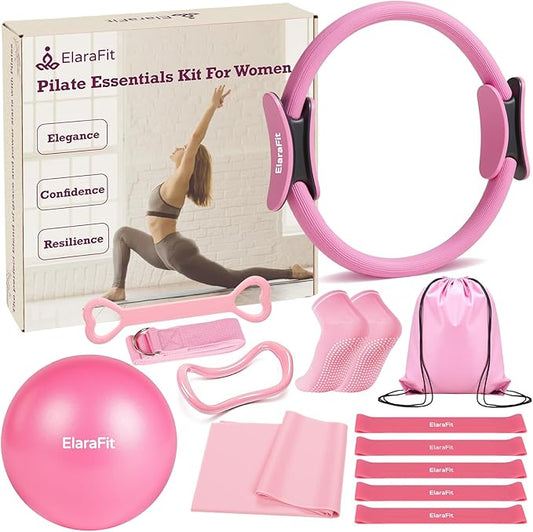 Home Pilates Kit for Women Pilates Equipment Ring and Ball Set Magic Circle Hoop with 5 Resistance Bands Compact Toning Fitness Essentials Starter Set Accessories-StrideForce Fitness