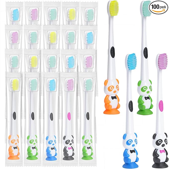 100 Pack Kids Toothbrush Bulk Soft Bristles Toddler Toothbrush with Suction Cup, Lovely Includes Travel Covers, Individually Wrapped Toothbrushes for Kid Home School Daycare Camp (Panda)