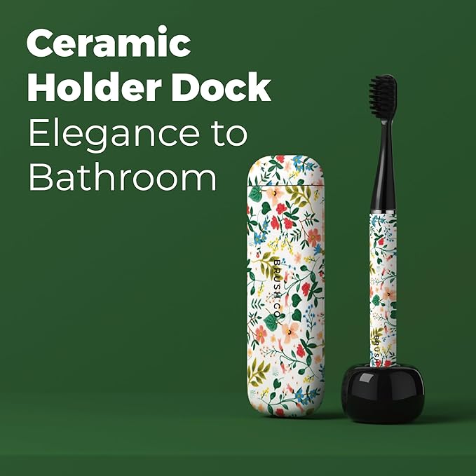 MIPOW Brush GO SlimPro i4 Electric Toothbrush Rechargeable Smart Ultra Sonic 3 Modes, Travel Case & Ceramic Dock, 60Day Battery Soft Bristles 2 Heads IPX7 Waterproof, Color-FloraBloom Edition