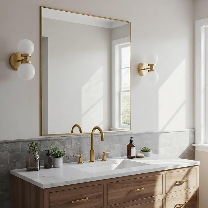 30x30 Inch Brass Bathroom Mirror for Wall, Aluminum Frame Rectangle Rectangular Vanity Mirror, Modern Large for Bedroom, Living Room, Horizontal or Vertical-StrideForce Fitness