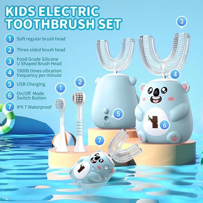 Kids U Shaped Electric Toothbrush, Automatic 360° Sonic Cleaning, 6 Modes, 4 Brush Heads, Cute Cartoon Koala Design (6-12 Age (Grey Blue))