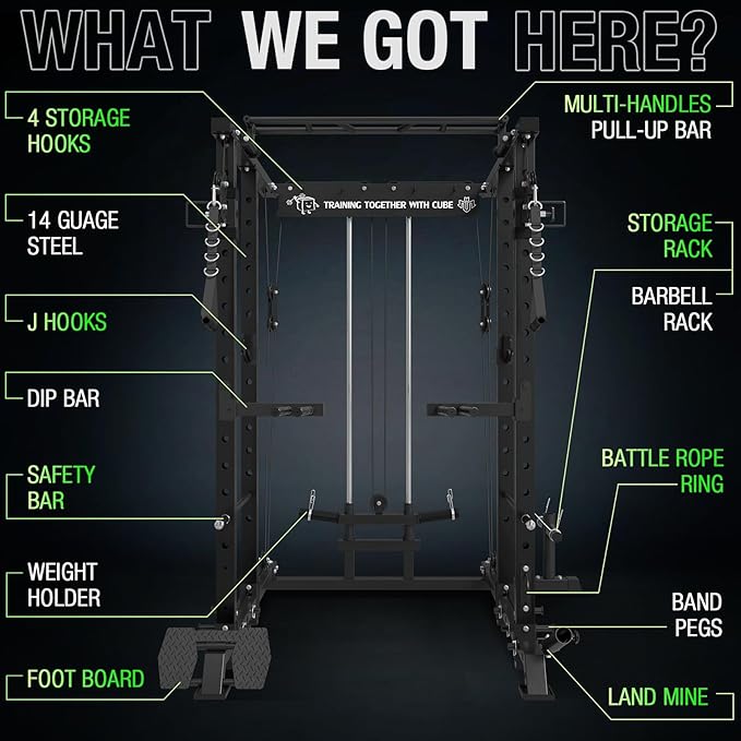 Mikolo Power Cage, 1500lbs Power Rack with LAT PullDown and Cable Crossover System, Squat Rack with Pulley System, Weight Cage for Home Gym with Training Attachments-StrideForce Fitness