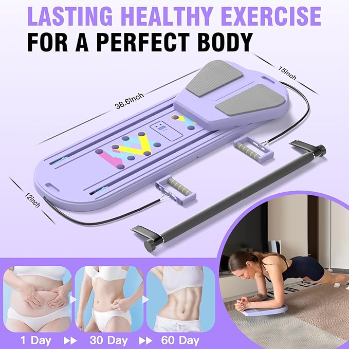 Pilates Reformer Board, 6 in 1 Portable & Foldable Pilates Reformer Set with Resistance Bands, Pilates Board for Home Workout, Multifunctional Abdominal Board-StrideForce Fitness