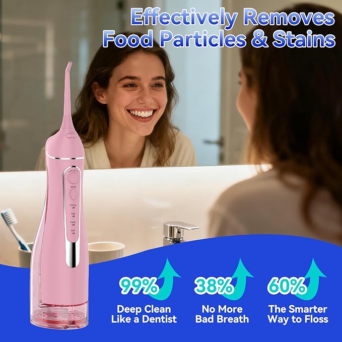 Water flossers for Teeth Pick, Portable Oral Irrigator Dental with 4 Modes 5 Jet Tips, IPX7 Rechargeable Water Tooth Flosser for Braces Sensitive Gum Care，300ml Tank for Home Travel Use