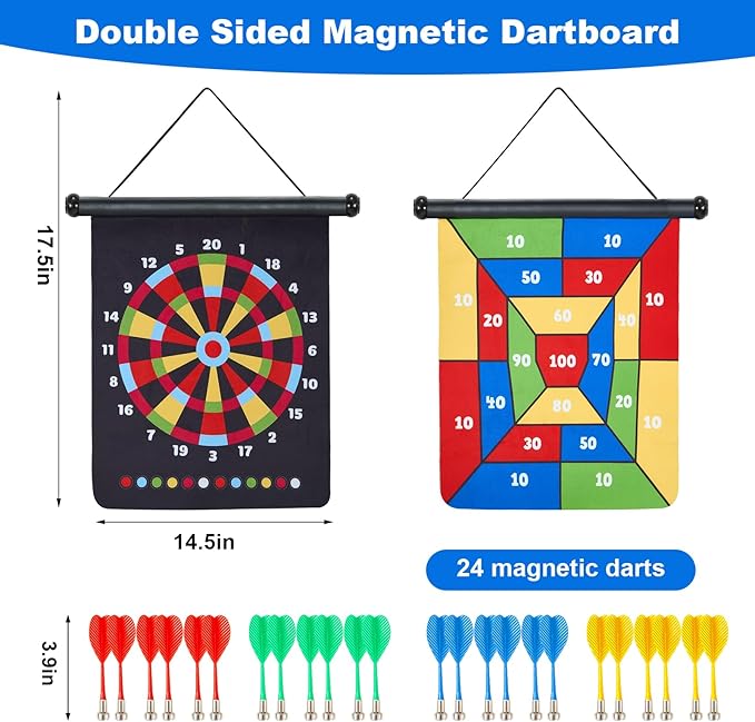 Magnetic Dart Board with 24pcs Darts,Indoor Outdoor Dart Game for Kids and Adults，2in1 Rollup Safe Dart Flights Toys Set for 3-12 Year Old Boys Girls Christmas Birthday Gifts-StrideForce Fitness
