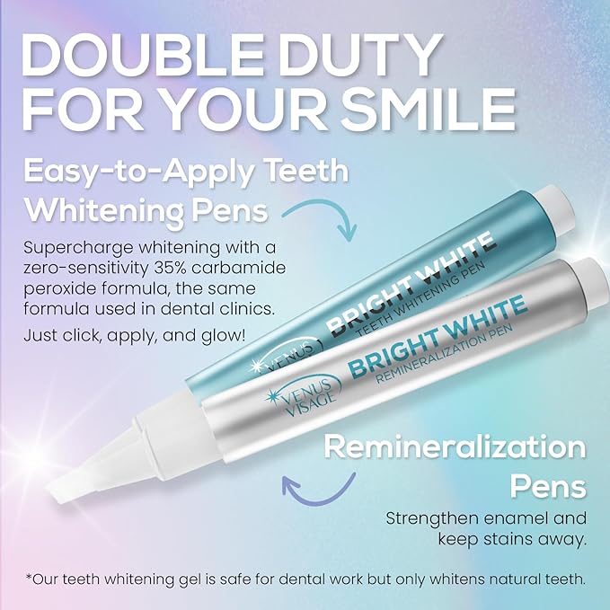 Venus Visage Teeth Whitening Kit with LED Light Device - Includes 3 Carbamide Peroxide Gel Pens, Teeth Whitening Trays & Remineralization Pens - 16 Min Non Sensitive