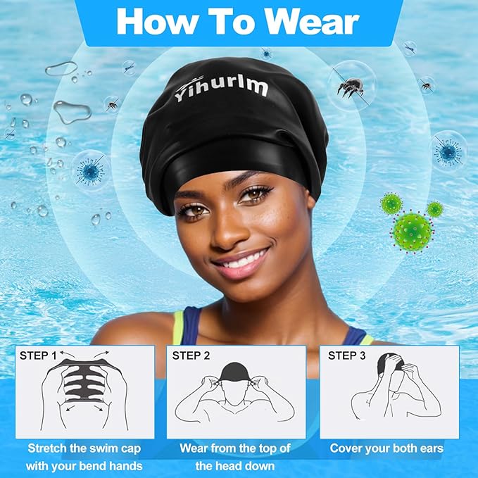 Extra Large Swim Cap,Swimming Caps for Women Men,Swim caps for Women,Waterproof Silicone Swim Cap,Keep Hair Dry,Swim Cap for Braids and Dreadlocks Women,Swim Cap for Long Thick Curly Hair-StrideForce Fitness