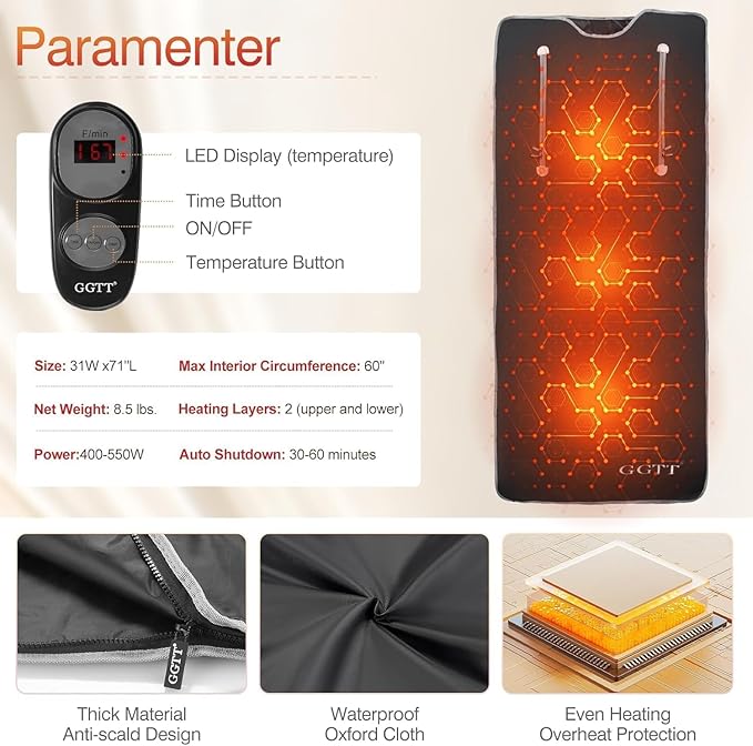 Infrared Sauna Blanket-Sauna Blanket for Home Use, Portable Design for Relaxation and Detoxification Highest 176℉, 20-60 Minutes Timer (Deep Black)-StrideForce Fitness