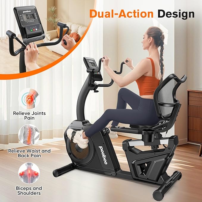 pooboo Recumbent Exercise Bike, Stationary Bikes for Home with Arm Exerciser, Magnetic Recumbent Bike with Ergonomic Backrest & Comfortable Seat, Smart APP, Pulse Sensor, 400LBS Weight Capacity-StrideForce Fitness