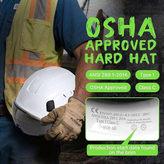 AOLAMEGS Construction Safety Hard Hat - ANSI Z89.1 Approved Safety Helmet with Visor & 50pcs Hard Hat Stickers Sliding Vented Hardhat for Men Women Adults Industrial Workwear Outdoor (Smoke Visor)-StrideForce Fitness