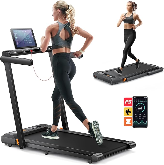 2 in 1 Folding Treadmills for Home Small Office, 2.5HP Walking Pad Treadmill with Handle Bar, 300lbs Capacity, Copmact Protable Treadmill with Smart APPs, 12 HIIT Modes and Touch Screen-StrideForce Fitness