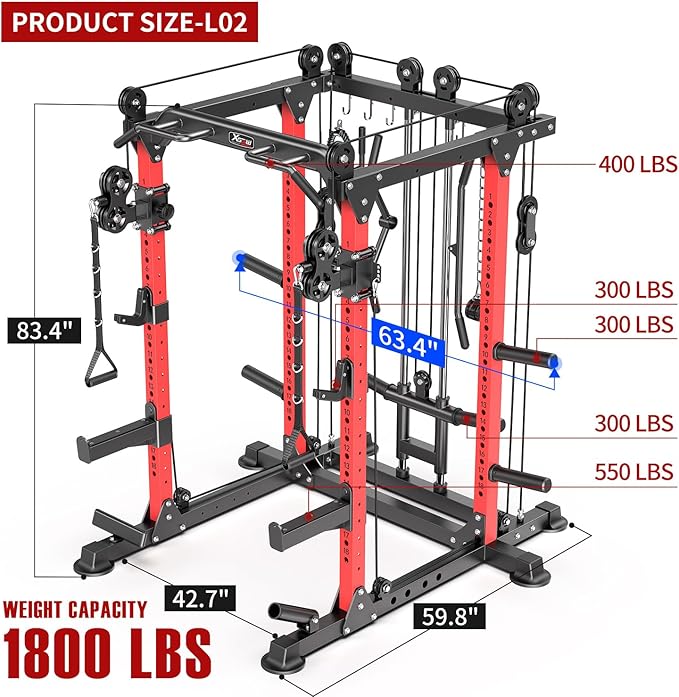 Power Cage,1600lbs Multi-Function Power Rack with Adjustable Cable Crossover System and More Training Attachment, Weight Cage for Home Gym-StrideForce Fitness