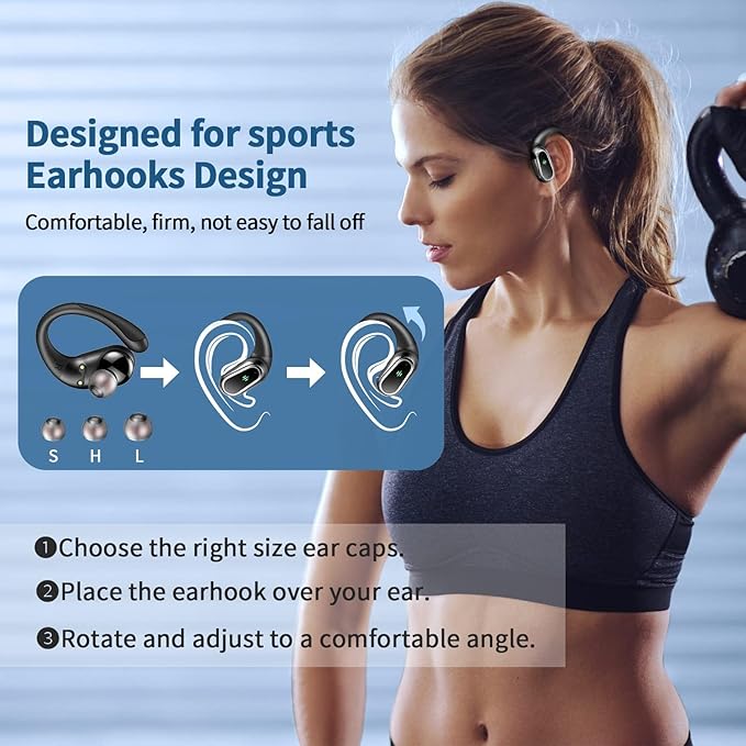 Wireless Earbuds, 2025 Bluetooth 5.4 Headphones Sport, Bluetooth Earbuds with ENC Noise Canceling Mic, 50H Stereo Wireless Headphones IP7 Waterproof with Earhooks, Dual LED Display for Workout/Running-StrideForce Fitness