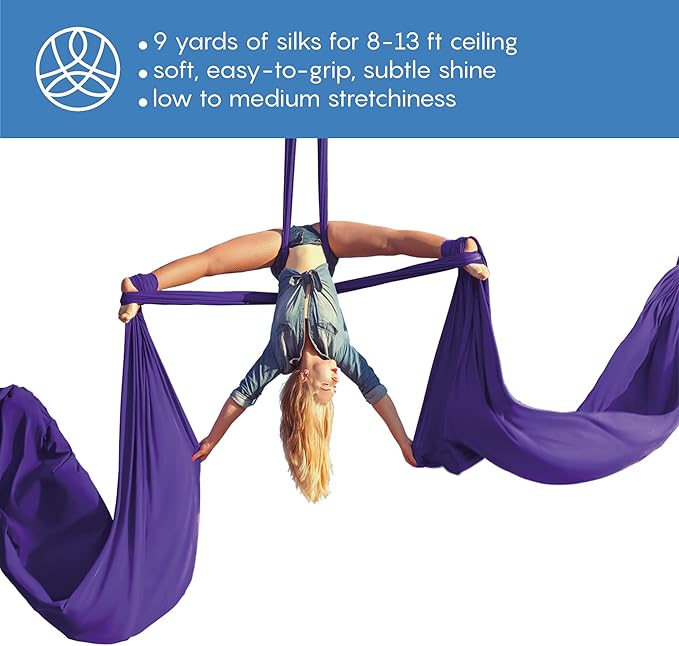 Aerial Silks Starter Kit - Durable 9 Yards of Aerial Yoga Hammock with Hardware & Guide - Aerial Swing for Acrobatic Flying Yoga & All Levels (Aerial Rigging Point Up to 13ft)-StrideForce Fitness