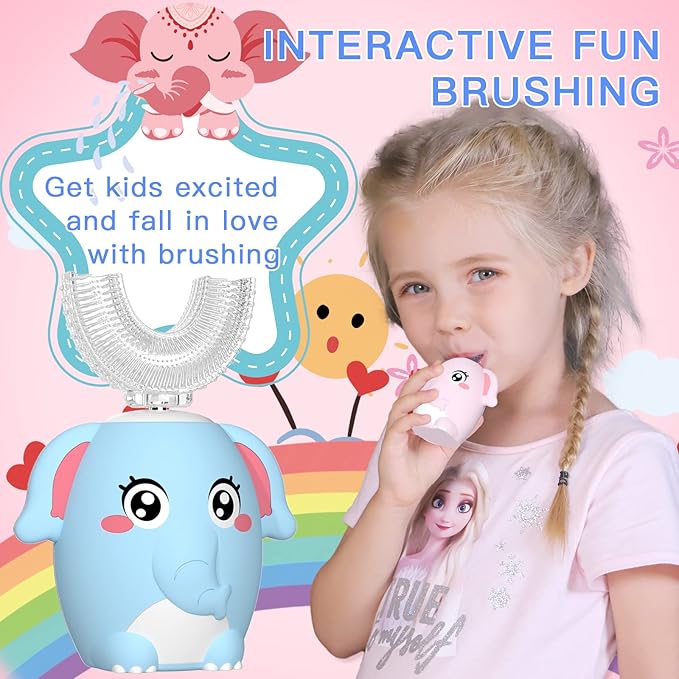 Kids Electric U Shaped Toothbrush Children Rechargeable Sonic Toothbrush with 4 Brush Heads Full Mouth 6 Cleaning Modes - (Age 2-7 Blue)