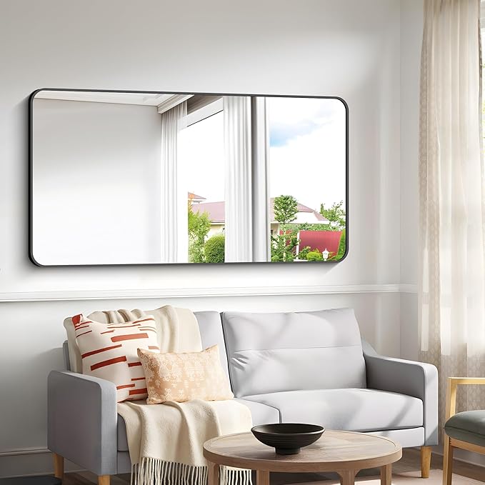 30x60 inch Bathroom Mirror,Black Rectangle Mirror,Wall Mounted Bathroom Frame Vanity Mirror with Round Corner for Bedroom Living Room, Entryway Hangs Horizontal or Vertical-StrideForce Fitness
