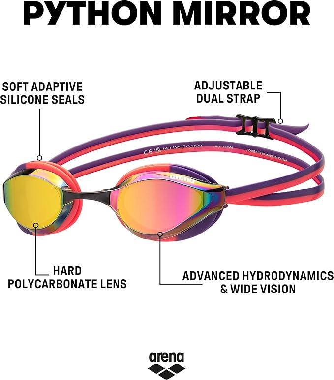 ARENA Unisex Python Racing Swim Goggles for Men and Women Anti-Fog No Leak Max Comfort Dual Strap, Mirror/Non-Mirror Lens-StrideForce Fitness