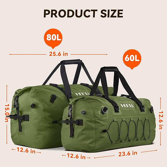 HEETA Waterproof Duffel Bag Motorcycle Dry Bag Backpack, 60L/80L Extra Large Rolltop Travel Duffle Bags with Straps & Handles for Kayaking Rafting Boating Canoeing Camping Gym Beach Cruise Ship-StrideForce Fitness