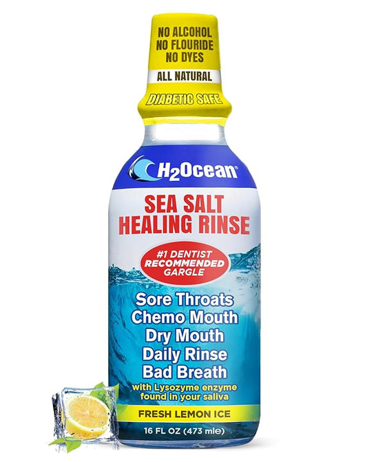 H2Ocean Healing Rinse Natural Sea Salt Oral Care - Mouth Rinse for Oral Care - Great for Piercings, Sore Throats & Gum Health - Alcohol- & Fluoride-Free Mouthwash - Lemon Ice, 16 oz