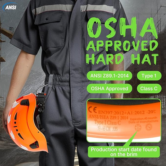 AOLAMEGS Construction Safety Hard Hat - ANSI Z89.1 Type Ι OSHA Approved Safety Helmets with Chin Straps Lightweight Reflective Vented ABS Hard Hats For Men Women Industrial Workwear 6-point Suspension-StrideForce Fitness