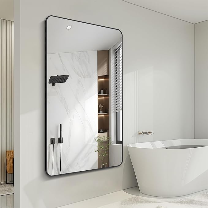 FORBATH Large Bathroom Mirror 36 x 55 Inches，Black Large Wall Mirror Aluminum Frame Wall Mounted Rounded Corner Morndern Mirror for Bathroom Bedroom Entryway Living Room-StrideForce Fitness