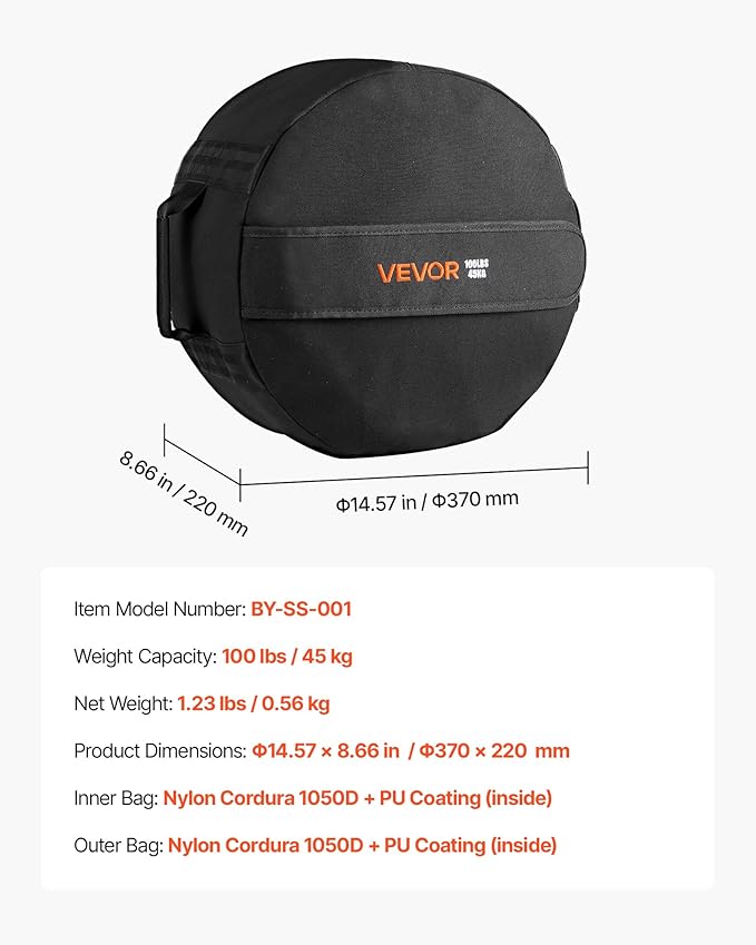 VEVOR Workout Sandbag, Heavy Duty Workout Power Bags with Handles, 100 lbs/45 kg Slam Bag for Fitness Strength Weight Training Cross-Training, Home Gym Exercise, Black (Unfilled)-StrideForce Fitness