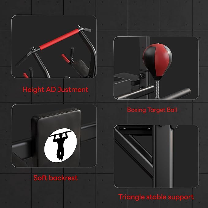 soges Pull Up Bar Dip Station, Power Tower with Boxing Speed Ball & Spinning Target, Adjustable Height Dip Stand Strength Training Fitness Workout Station, Assistive Trainer Pull Up Stand-StrideForce Fitness