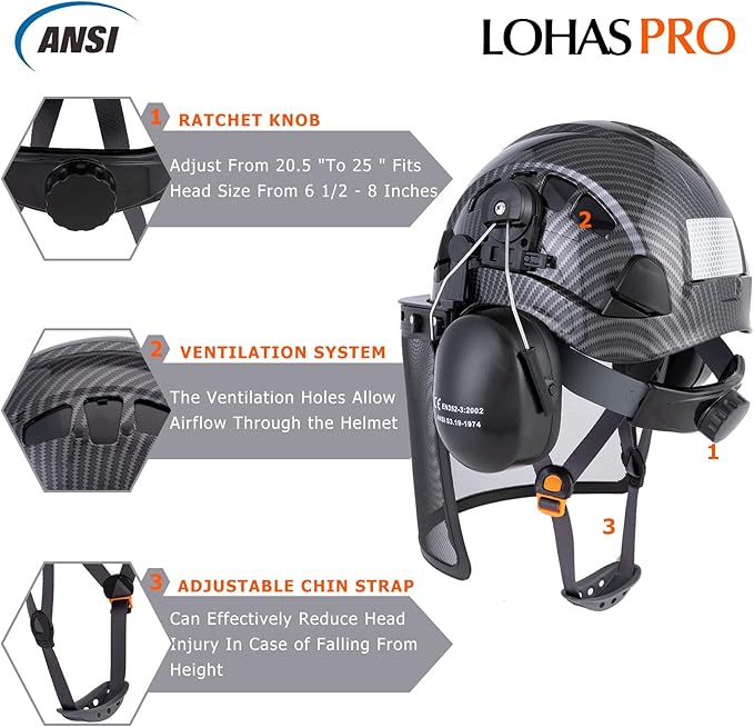 LOHASPRO Forestry Safety Helmet Chainsaw Helmet with Mesh Face Shield and Ear Muffs for Tree Logging Cutting Wood Arborist Helmet (Black Graphite Pattern with Mesh Face Shield+Earmuff)-StrideForce Fitness