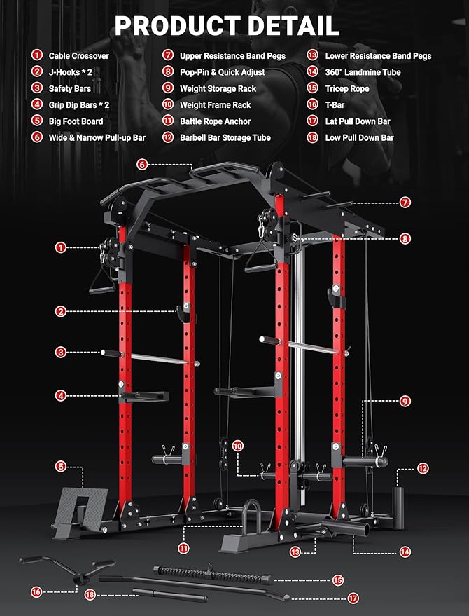 YOLEO Smooth Dual Pulley System Power Cage, 1600LBS Adjustable Cable Crossover Power Rack, Multi-Functional Squat Rack for Home Gym with More Training Attachment-StrideForce Fitness