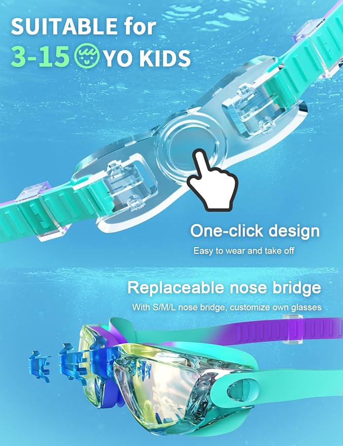 Kids Swim Goggles, Swimming Goggles for Kids with Nose Clip, Earplugs, Nose Bridge for Age 3-15-StrideForce Fitness