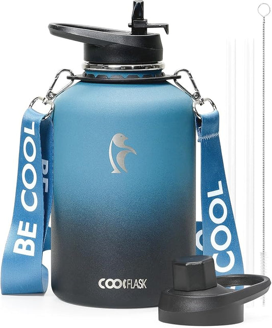 Coolflask 64 oz Water Bottle Insulated with Strap, Half Gallon Water Jug Stainless Steel with Straw & Spout Lids, Metal Large Water Flask, Keep Cold 48h Hot 24h, Leak Proof & Non-BPA, Prussian Blue-StrideForce Fitness