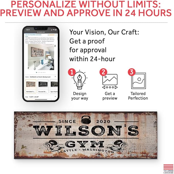 TAILORED CANVASES Personalized Gym Sign Wall Art Decor - Motivational Canvas s for Home Gym, Workout Room, Garage, Fitness Center - Workout Inspirational Posters - Kettlebell on Rustic, 36x12in-StrideForce Fitness