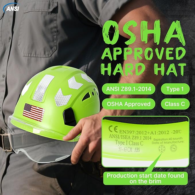 AOLAMEGS Construction Safety Hard Hat - ANSI Z89.1 Type Ι OSHA Approved Safety Helmets with Chin Straps Lightweight Reflective Vented ABS Hard Hats For Men Women Industrial Workwear 6-point Suspension-StrideForce Fitness