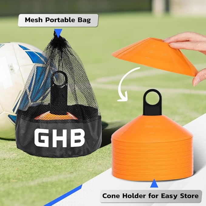 GHB Soccer Cones 25/50/100 Pack Disc Soccer Sport Cones Training Field Marker Agility Cones for Traffic, Basketball, Coaching, Practice Equipment Includes Cone Drills Guide-StrideForce Fitness