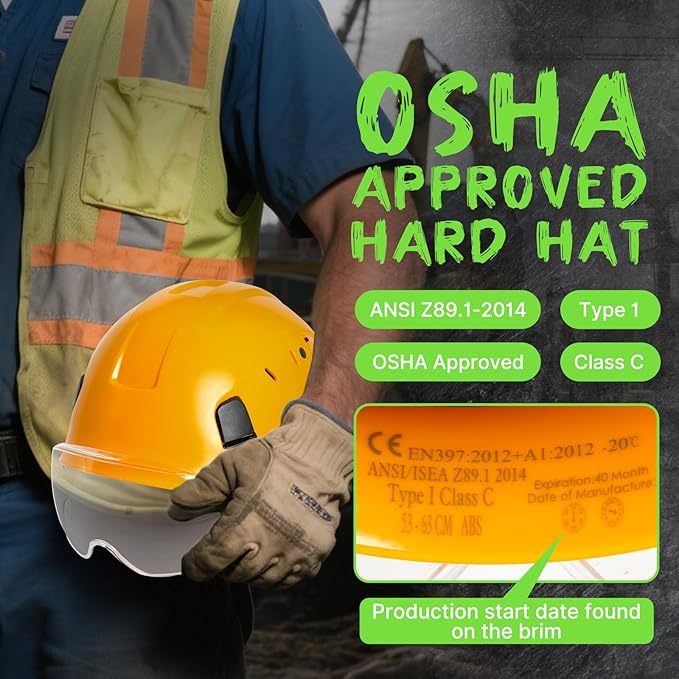 AOLAMEGS Construction Yellow Hard Hats - ANSI Z89.1 Class C Approved Adjustable Vented Hard Hat with Clear Visor for Men Women 6-Point Suspension ABS Safety Helmet for Outdoor Height Work-StrideForce Fitness